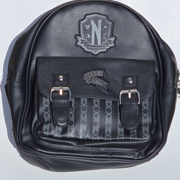 Black Leather Bag with Textured Flap and Silver Buckles
